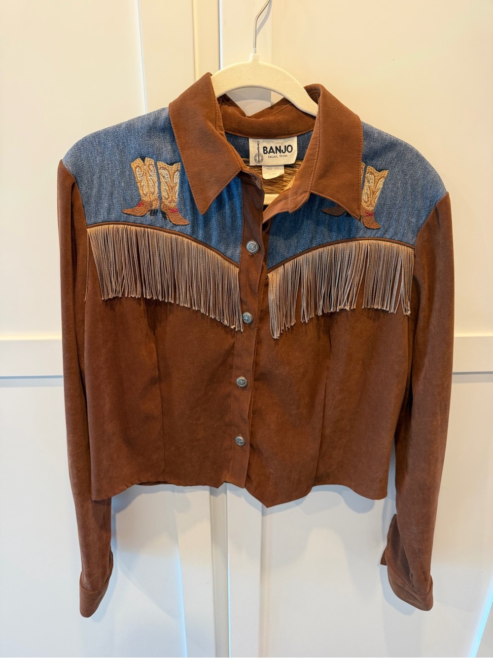 Brown Suede Western Fringe Jacket with Denim Yoke